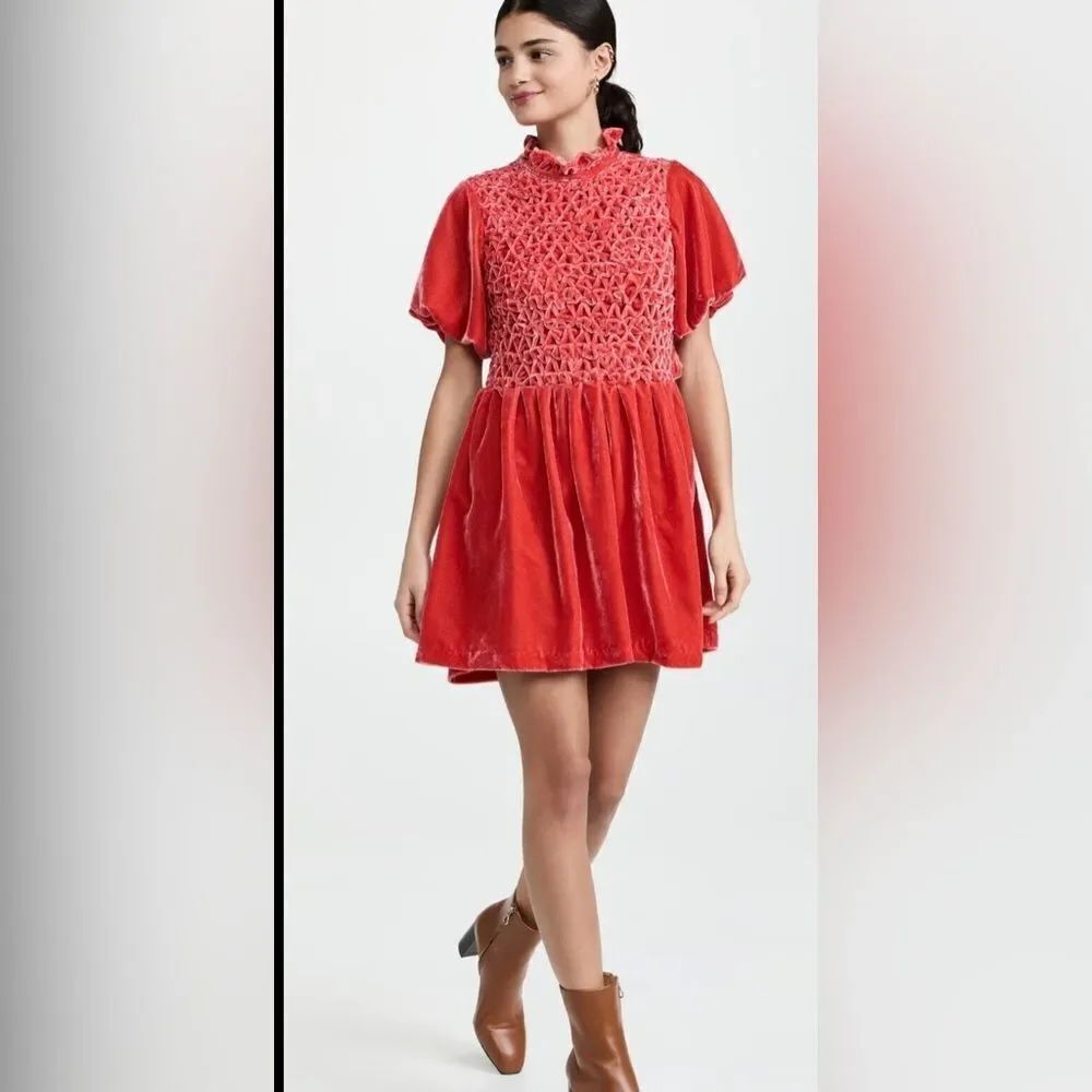 NEW Free People Gum Drop Boho  Velour Open Back Mini Dress Tangerine red M
